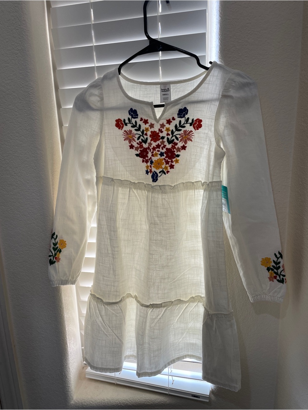 NWT Girls' White Long-Sleeve Tiered Dress with Colorful Floral Embroidery